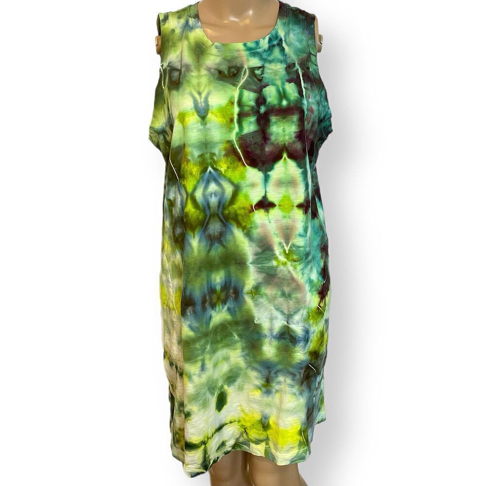Hand tie dyed sleeveless dress green glitch pattern L